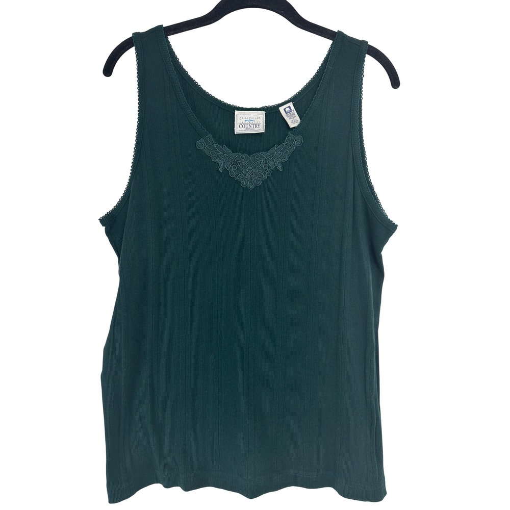 Vintage Green Ribbed Lace Trim Tank Top XL Y2K Cottagecore Forest Fairy